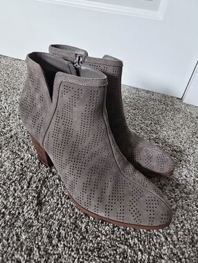 Perforated Taupe Suede Ankle Booties with Block Heel